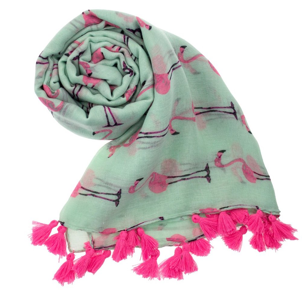Flamingo Tasseled Soft Cotton Green-Pink Shawl Scarf